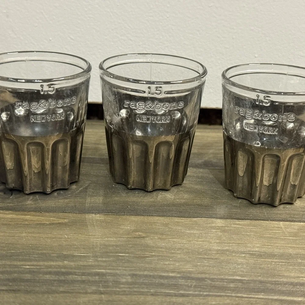 RAG &‎ BONE NEW YORK GLASS GUN METAL PLATED SHOT GLASSES - 1.5 Oz -SET OF 3